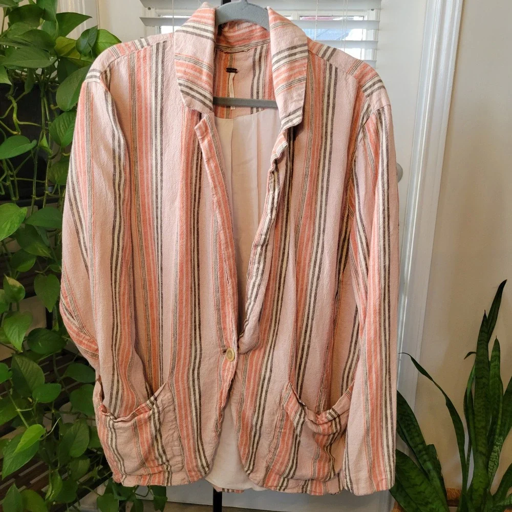 Free People Linen Blend Striped Oversized Blazer Pink Orange Women's Large